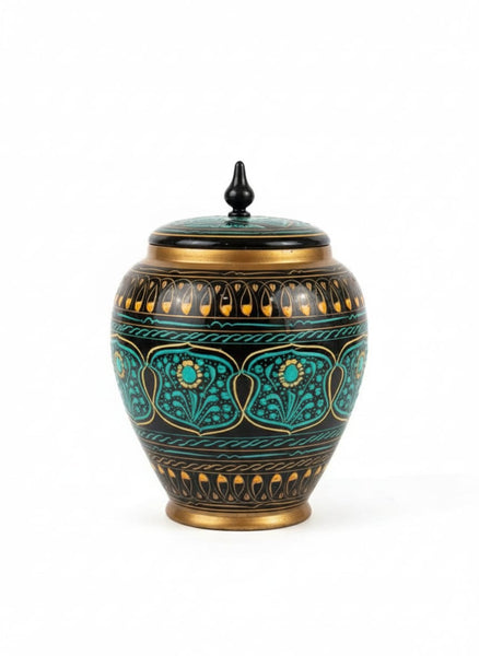 Handcrafted Artisan Decorative Ceramic Vase with Removable Lid - Exquisite Blue & Gold Floral Pattern - Bohemian Style Lidded Jar for Living Room, Shelf, or Mantel Decor