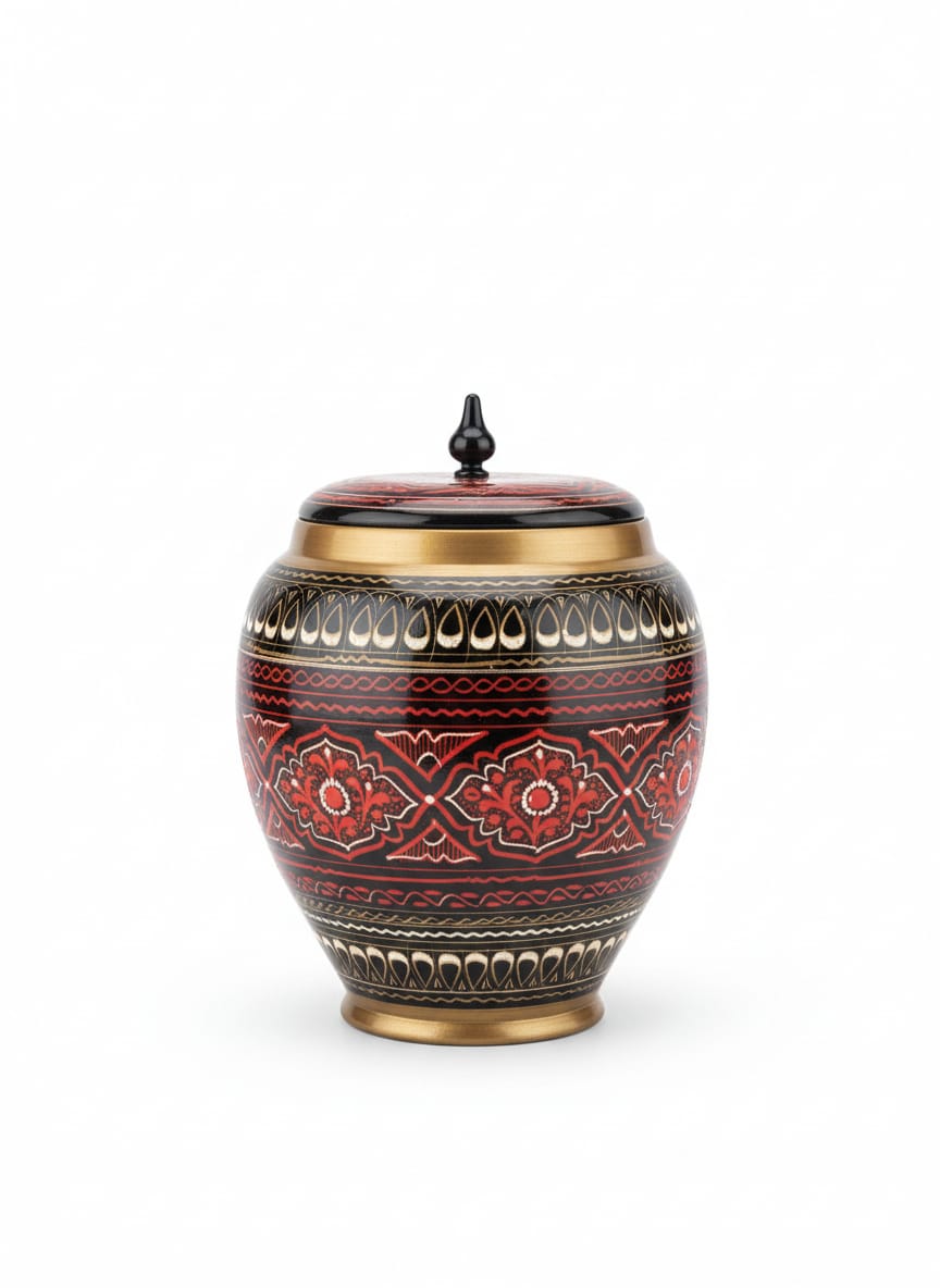 Handcrafted Lacquer Art Decorative Jar with Finial Lid - Rich Red & Black Hand-Painted Floral Design - Ethnic Decorative Vase & Storage Pot - Vintage-Style Ornament for Living Room Decor