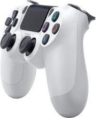 White gaming controller with black buttons on a white background