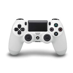 White gaming controller with black buttons on a white background