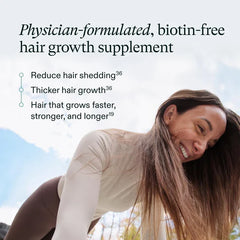Woman with long hair against a sky background with text about a hair growth supplement.