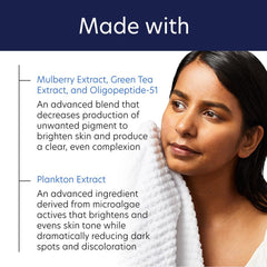 Woman with towel on shoulder with skincare product information text overlay