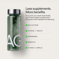 AG1 Greens Powder supplement bottle with benefits list: Multivitamin, Vitamin C, Supergreens, Probiotic, Vitamin B Complex
