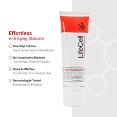 LifeCell anti-aging cream tube highlighting skincare benefits like wrinkle reduction and dermatologist-tested formula.