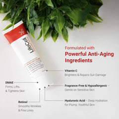 LifeCell Anti-Aging Cream with Retinol, Vitamin C, and Hyaluronic Acid for reducing wrinkles and fine lines, 2.54oz tube.