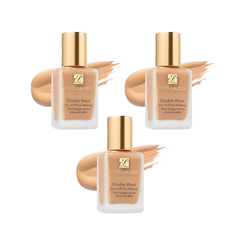 triple set of estée lauder double wear stay‑in‑place makeup bottles with swatches